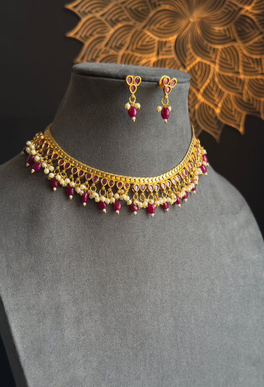 Panoply Beaded Gold South Indian Jewelry kemp Necklace Set - TRADITIONAL jewelry