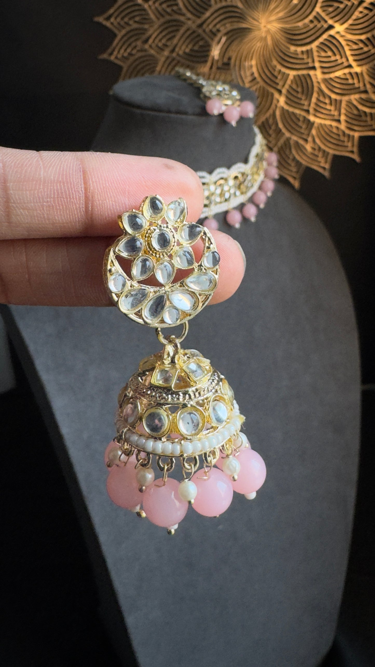 Pearl Faux Kundan Choker Tikka Jhumka Set- BOLLYWOOD