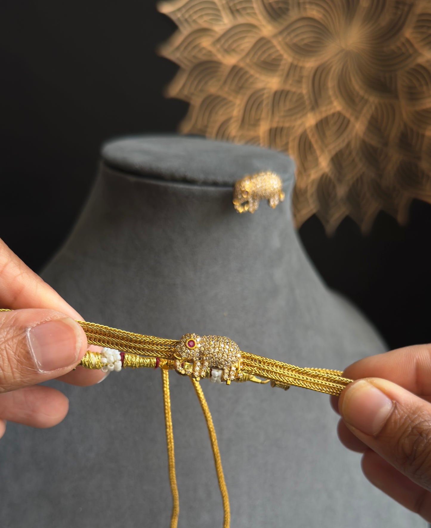 Elephant American diamond Necklace Set, Antique Gold - FUSION
