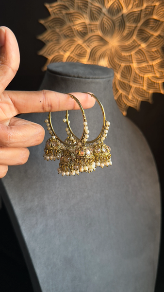Polki Hoop Triple Pearl Jhumkas - BOLLYWOOD