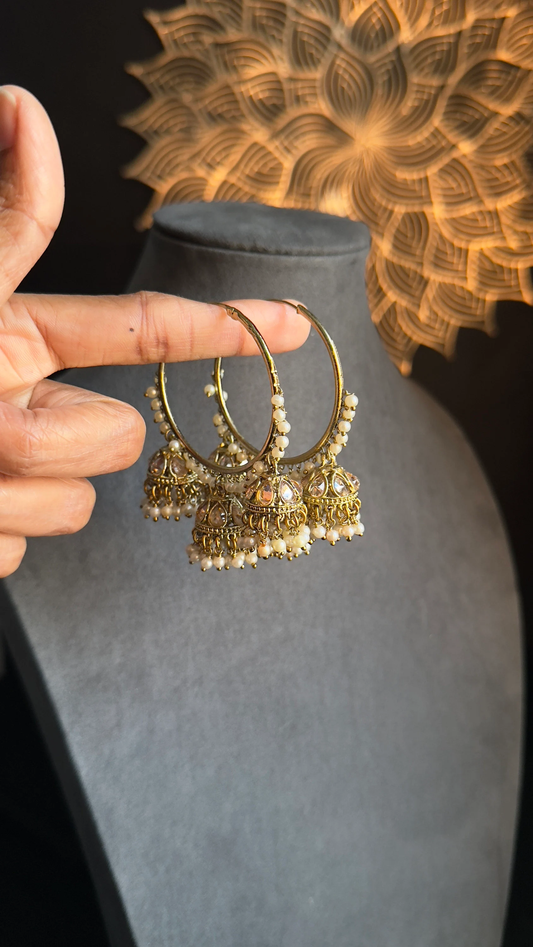 Polki Hoop Triple Pearl Jhumkas - BOLLYWOOD
