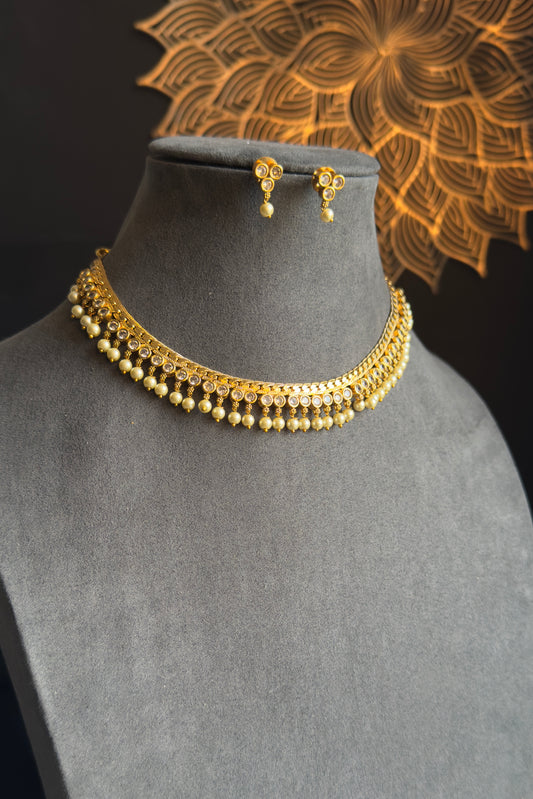 Kemp AD dainty Gold South Indian jewelry Necklace Set - TRADITIONAL