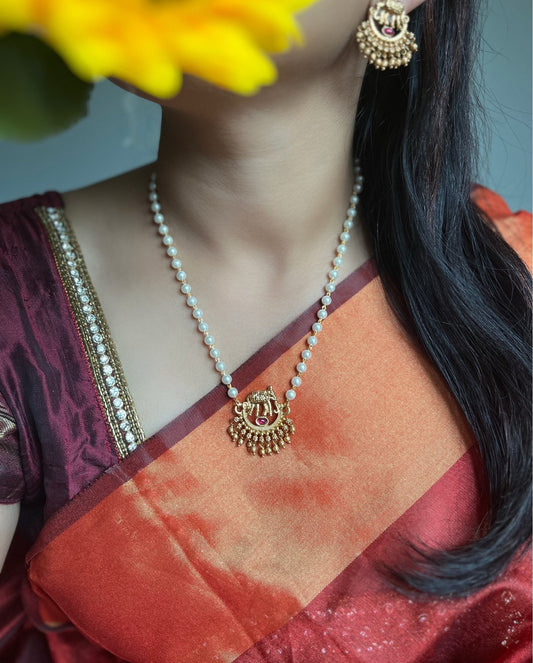 Budget-Friendly Dainty Elephant Pearl Necklace with Matching Earrings - South Indian Jewelry