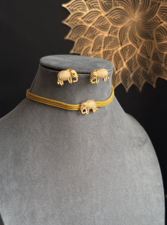 Elephant American diamond Necklace Set, Antique Gold - FUSION