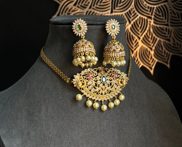 AD Gold Choker Necklace Set Jhumka - TRADITIONAL
