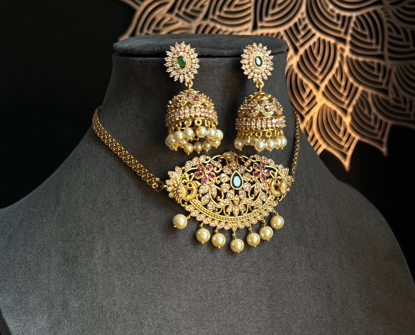 AD Gold Choker Necklace Set Jhumka - TRADITIONAL