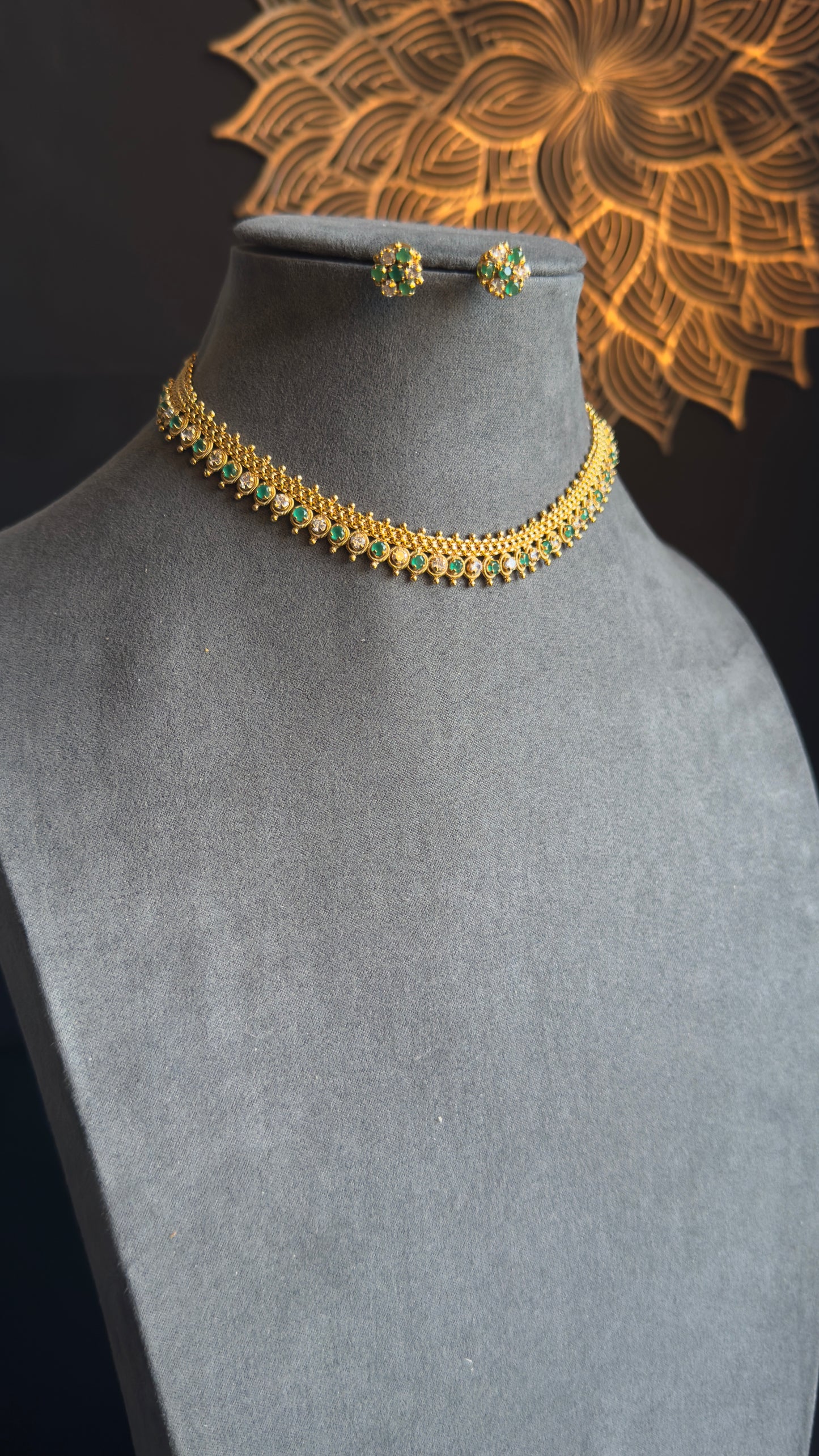 Dainty american diamond row Gold South Indian jewelry Necklace Set - TRADITIONAL