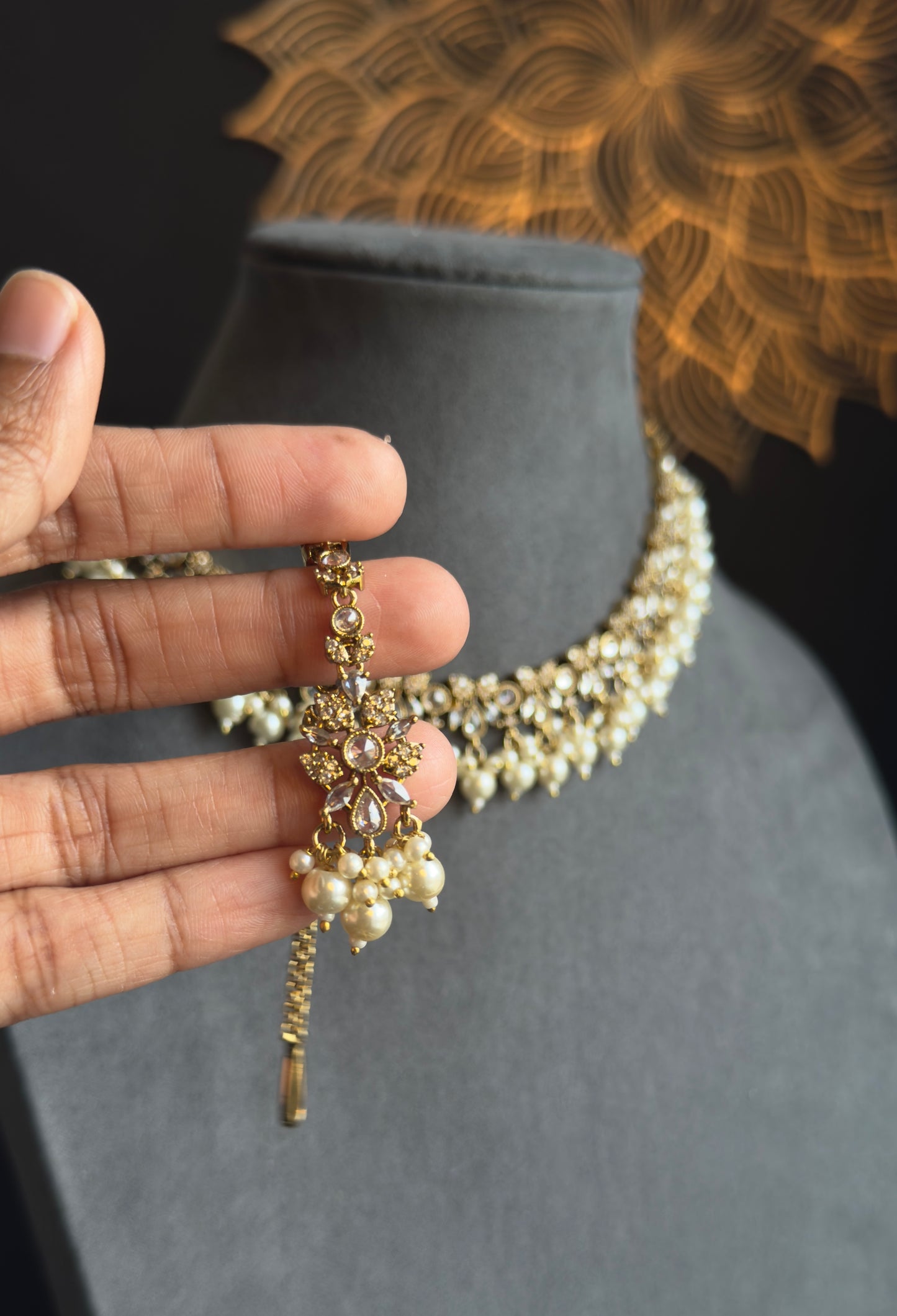 Trendy bronze Gold Kundan AD Choker Earrings Tikka - BOLLYWOOD