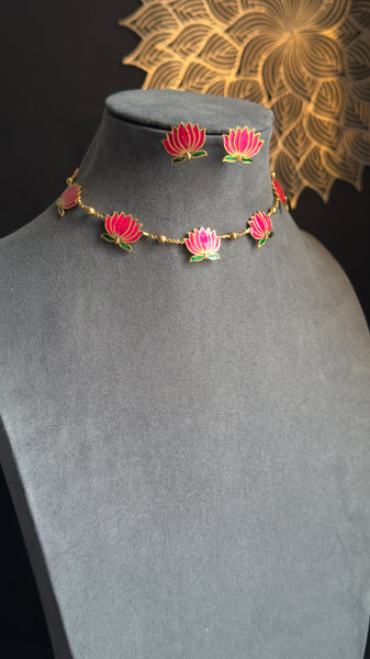 Manju warrier Inspired Lotus Necklace with Earrings Lotus Necklace Set South Indian jewelery-  -  BUDGET