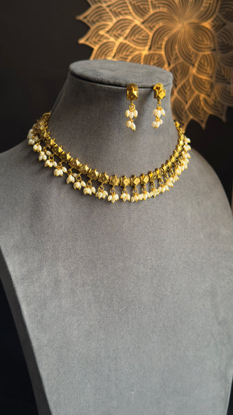 Rice pearl matt gold Gold South Indian jewelry Necklace Set - TRADITIONAL