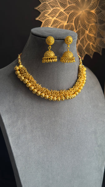 Cluster pearl matt gold Gold South Indian jewelry Necklace jhumka Set  - TRADITIONAL