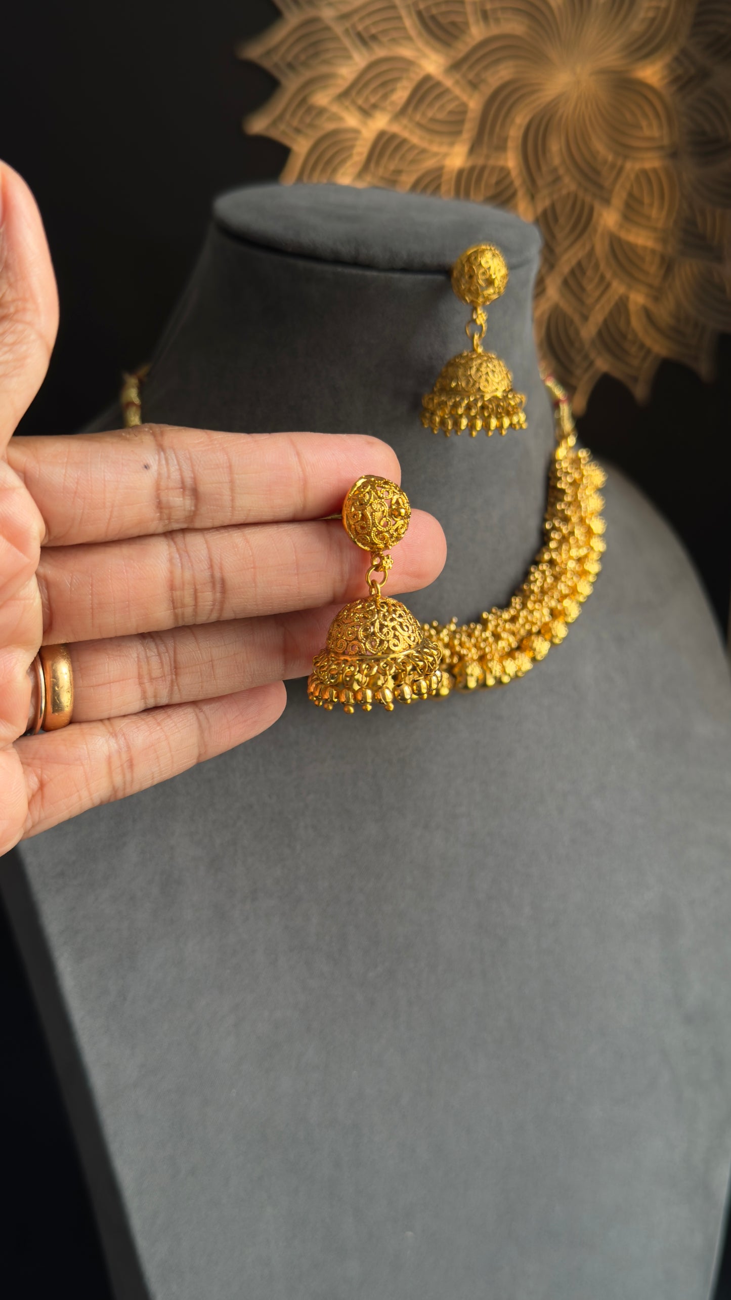 Cluster pearl matt gold Gold South Indian jewelry Necklace jhumka Set - TRADITIONAL