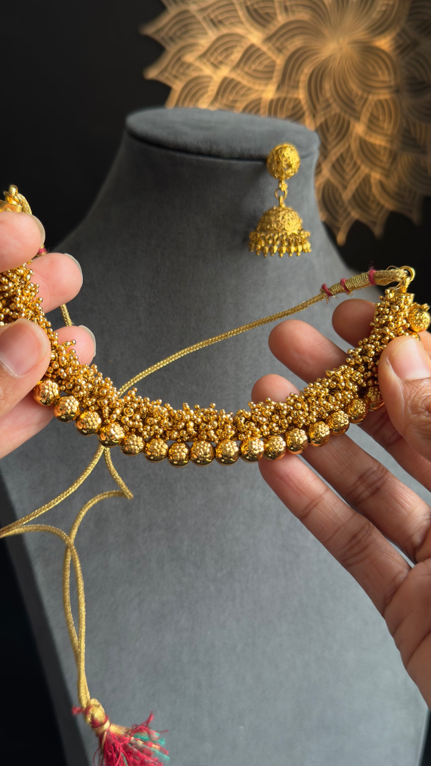 Cluster pearl matt gold Gold South Indian jewelry Necklace jhumka Set - TRADITIONAL