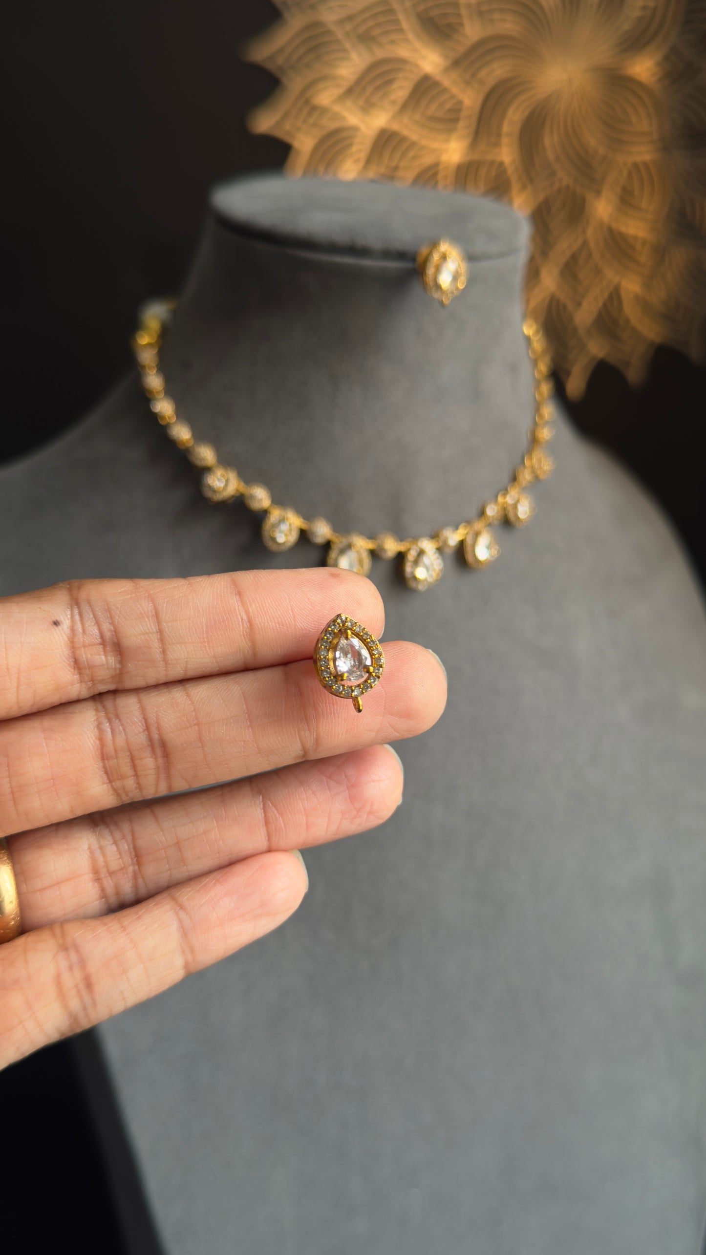 Panoply Matt Gold AD Necklace set stud Earrings - AMERICAN DIAMOND