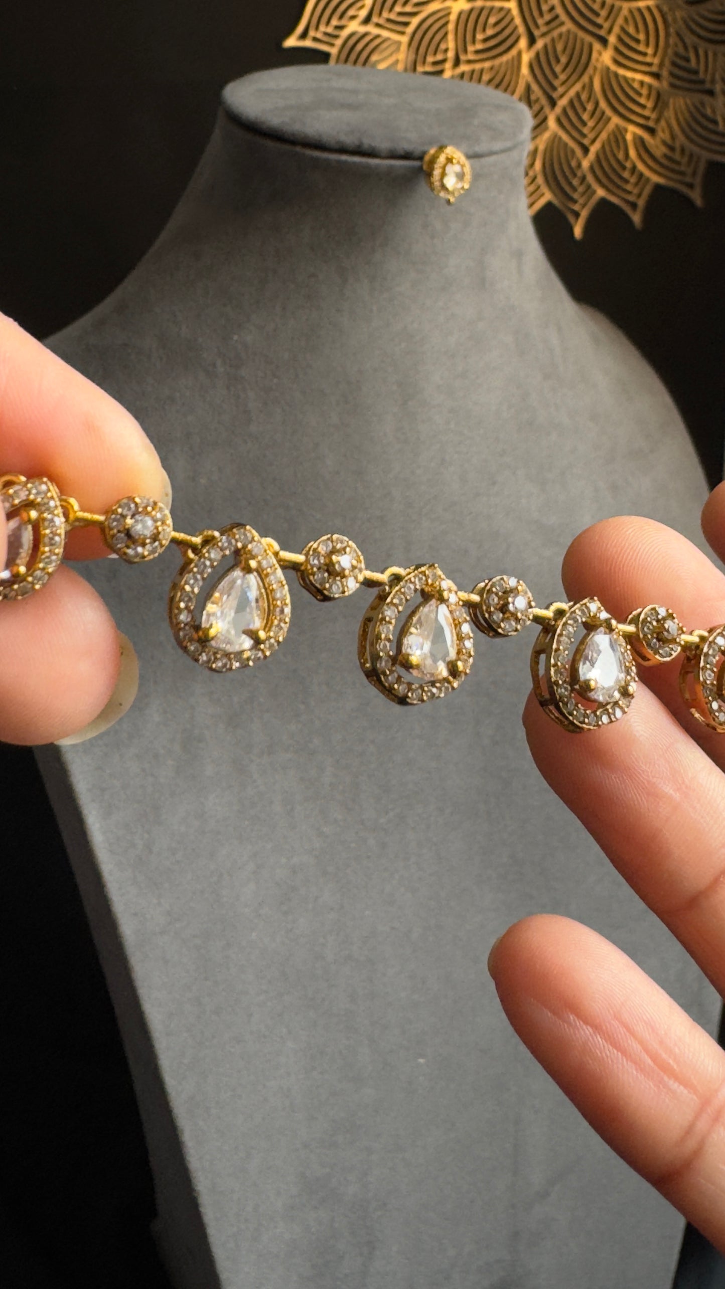 Panoply Matt Gold AD Necklace set stud Earrings - AMERICAN DIAMOND