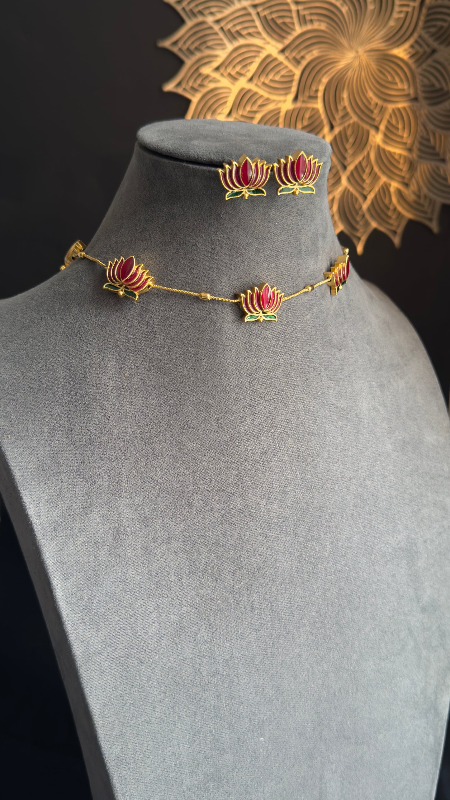 Manju warrier Inspired Real kemp Lotus Necklace with Earrings Lotus Necklace Set South Indian jewelery- Premium