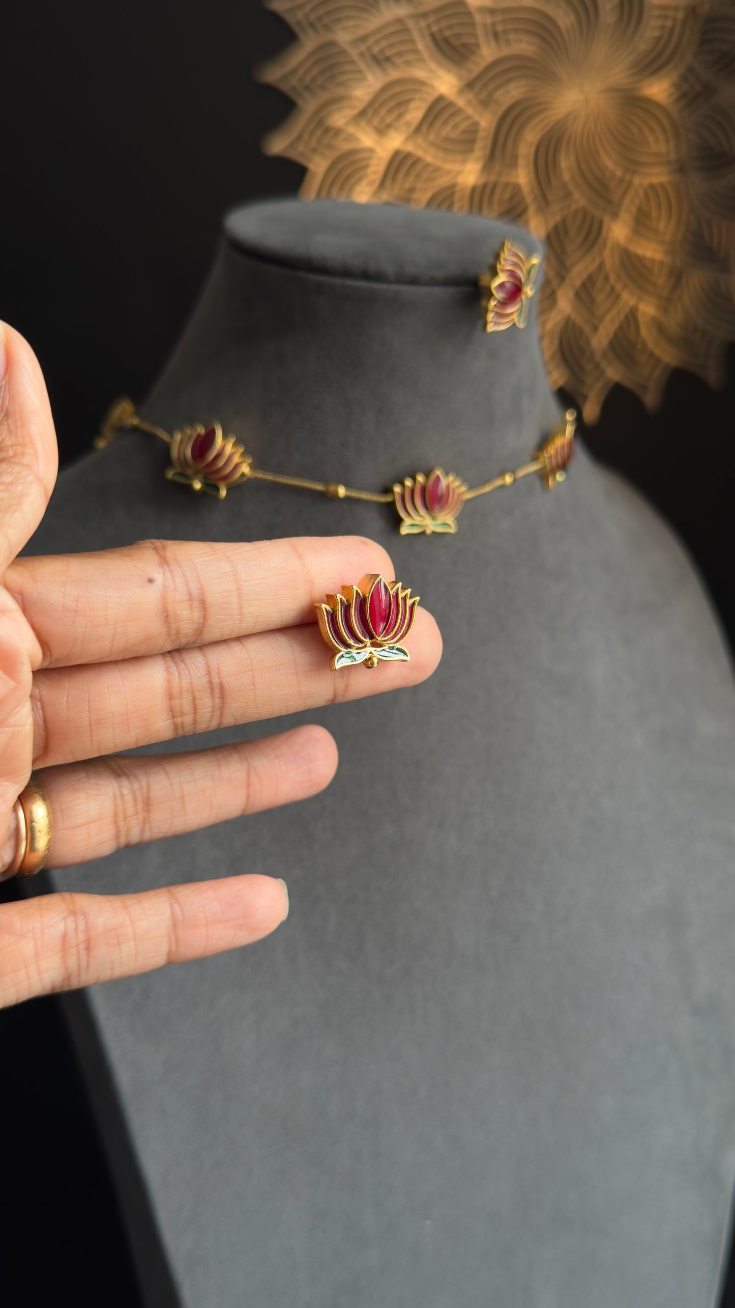 Manju warrier Inspired Real kemp Lotus Necklace with Earrings Lotus Necklace Set South Indian jewelery- Premium