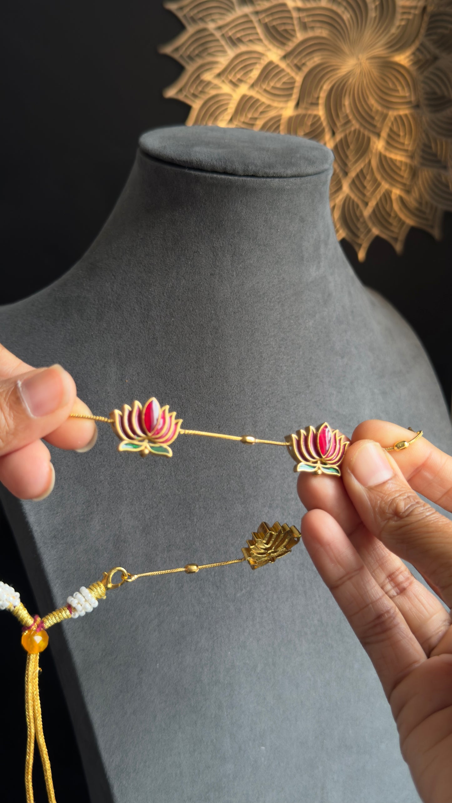 Manju warrier Inspired Real kemp Lotus Necklace with Earrings Lotus Necklace Set South Indian jewelery- Premium