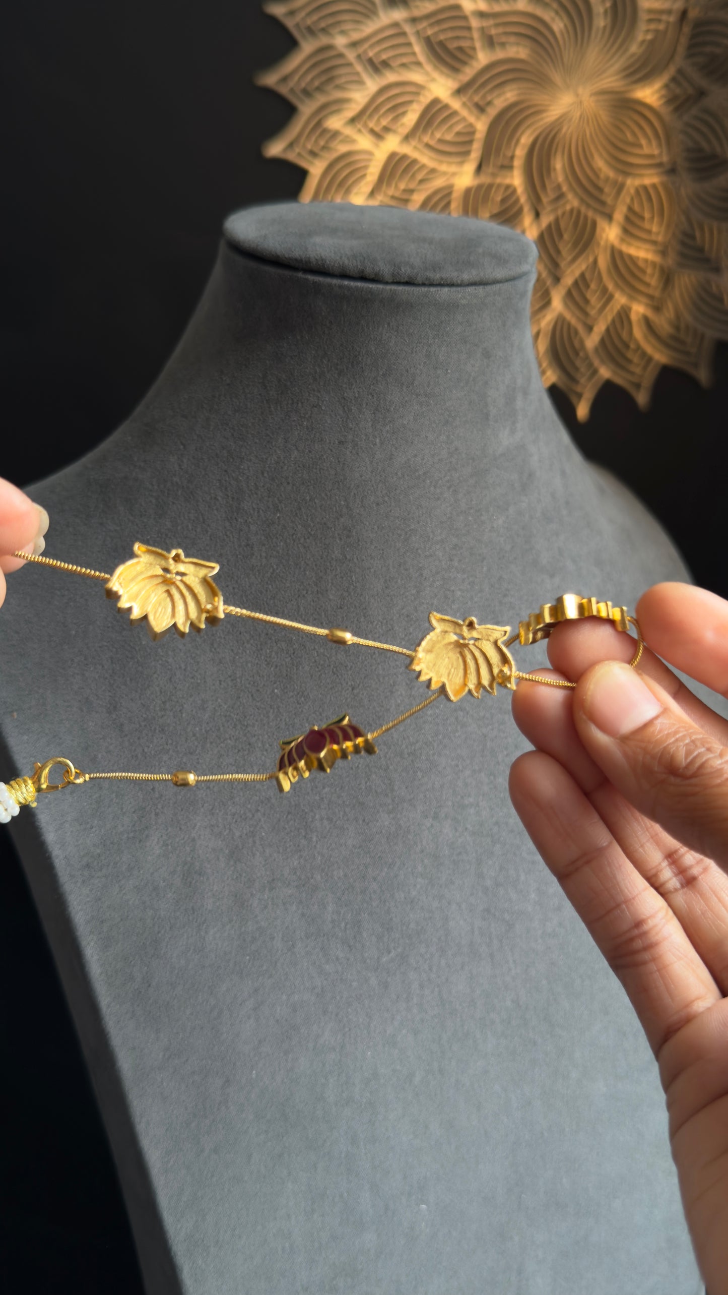 Manju warrier Inspired Real kemp Lotus Necklace with Earrings Lotus Necklace Set South Indian jewelery- Premium
