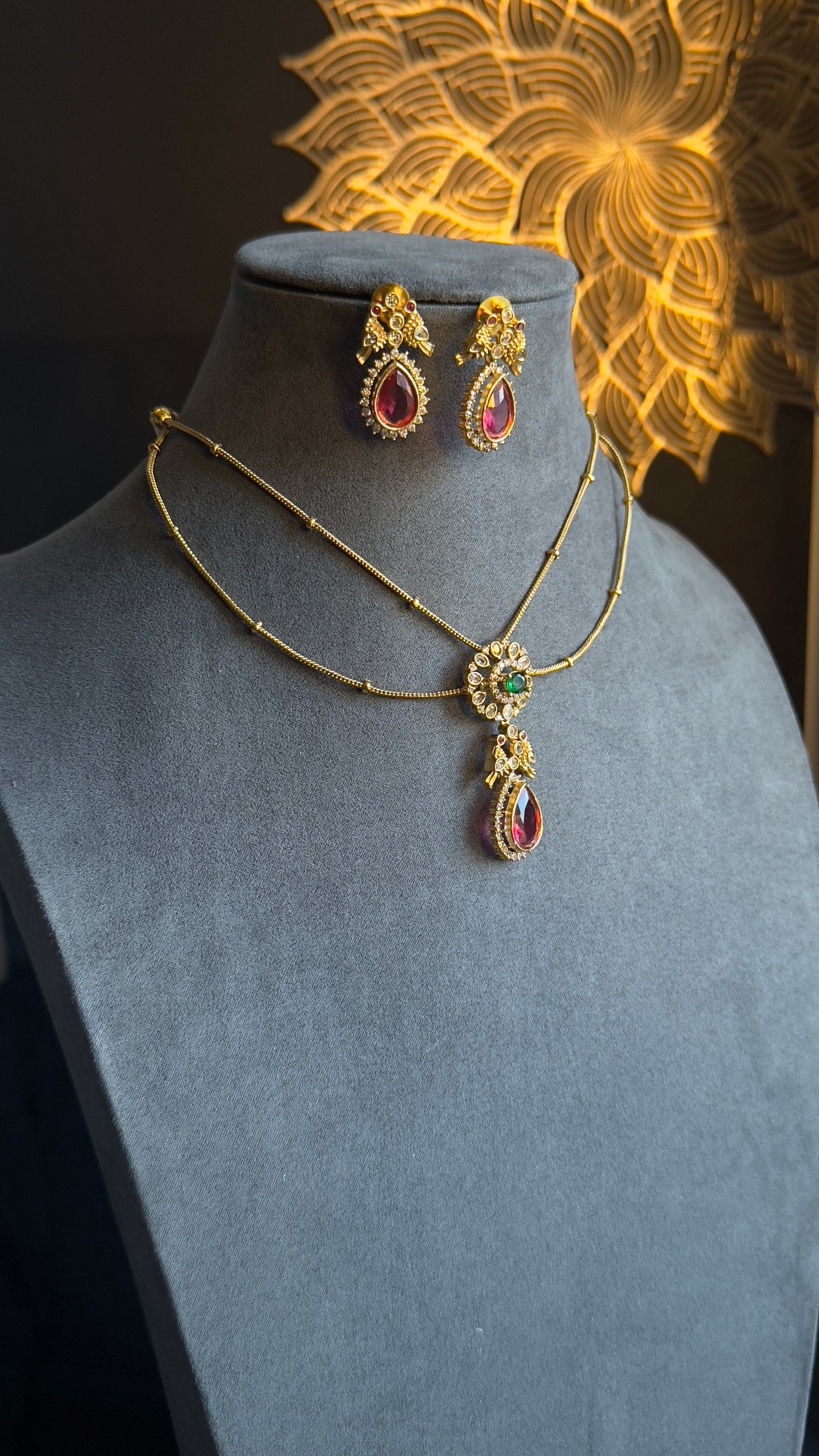 2 line Matt Gold Pendant Indian Necklace Set - AMERICAN DIAMOND