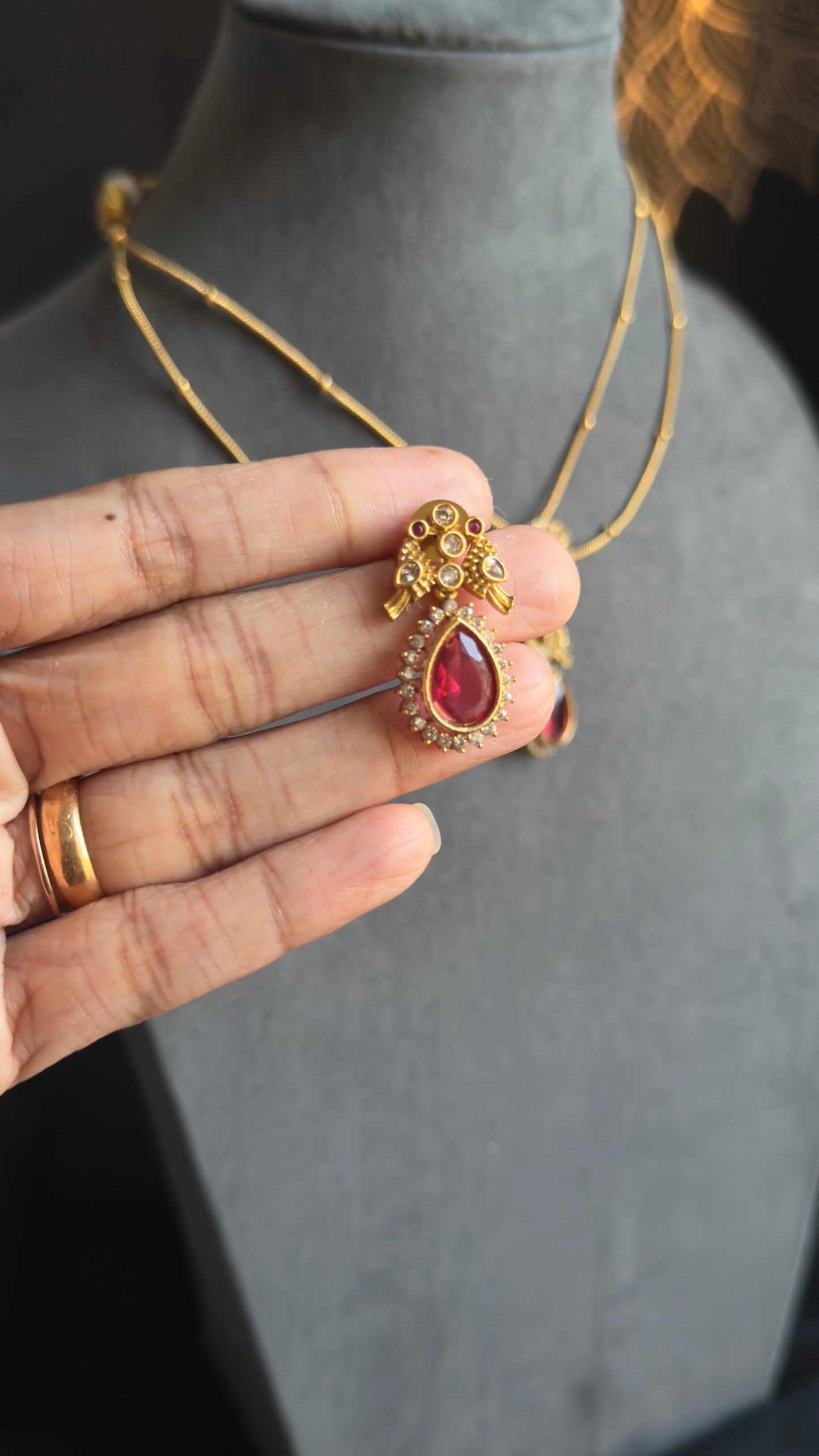 2 line Matt Gold Pendant Indian Necklace Set - AMERICAN DIAMOND