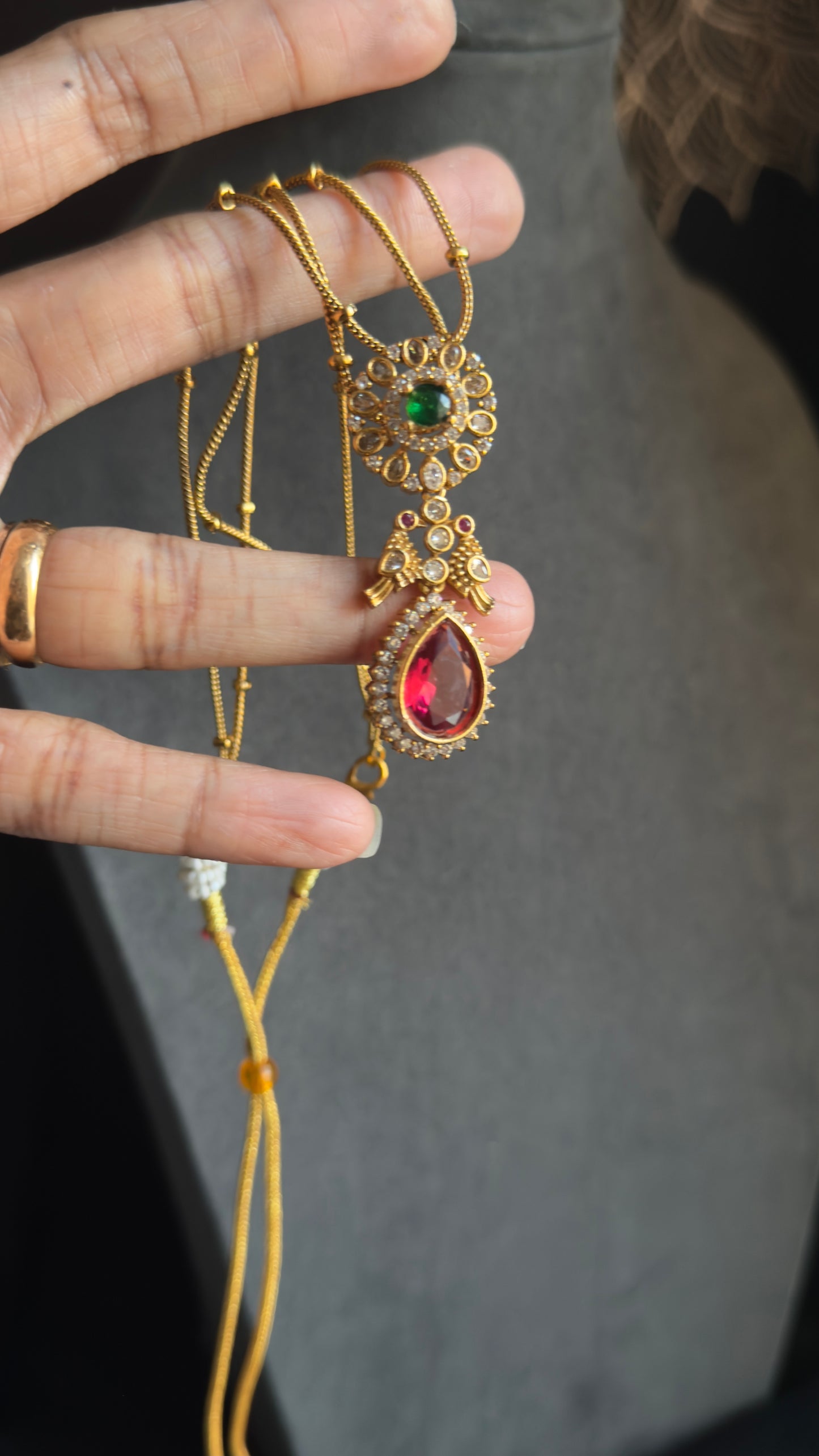 2 line Matt Gold Pendant Indian Necklace Set - AMERICAN DIAMOND