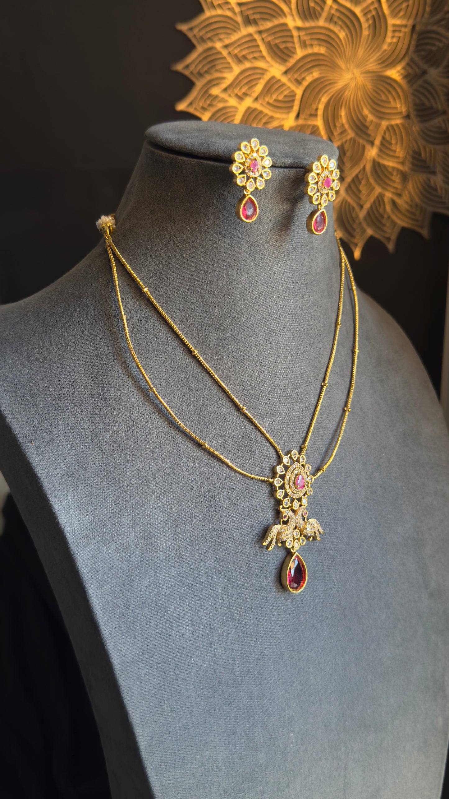 2 line Matt Gold Peacock Pendant Indian Necklace Set flower dangler- AMERICAN DIAMOND