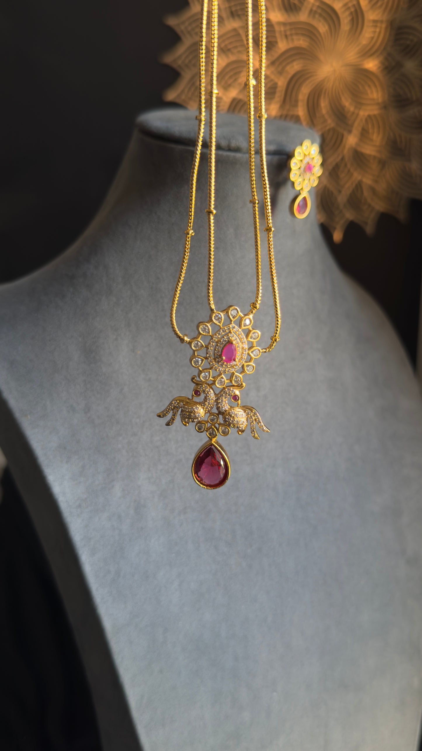 2 line Matt Gold Peacock Pendant Indian Necklace Set flower dangler- AMERICAN DIAMOND