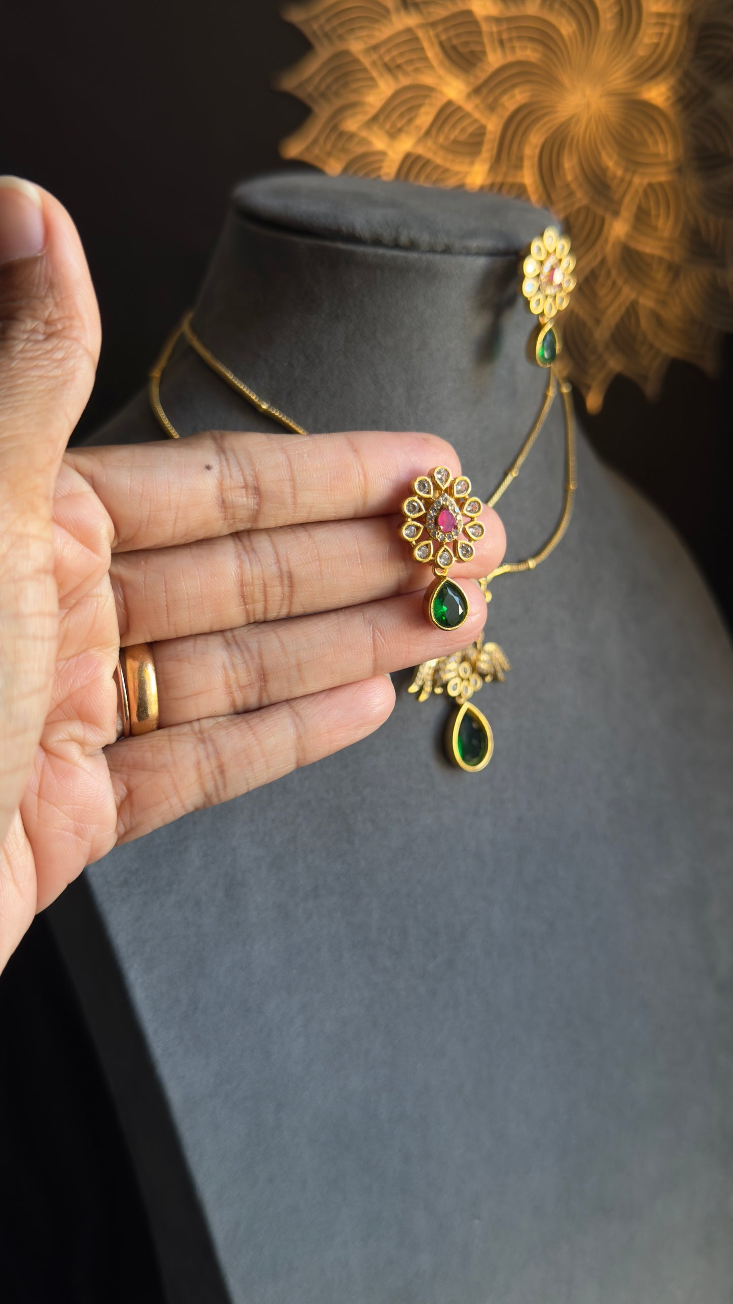 2 line Matt Gold Peacock Pendant Indian Necklace Set flower dangler- AMERICAN DIAMOND