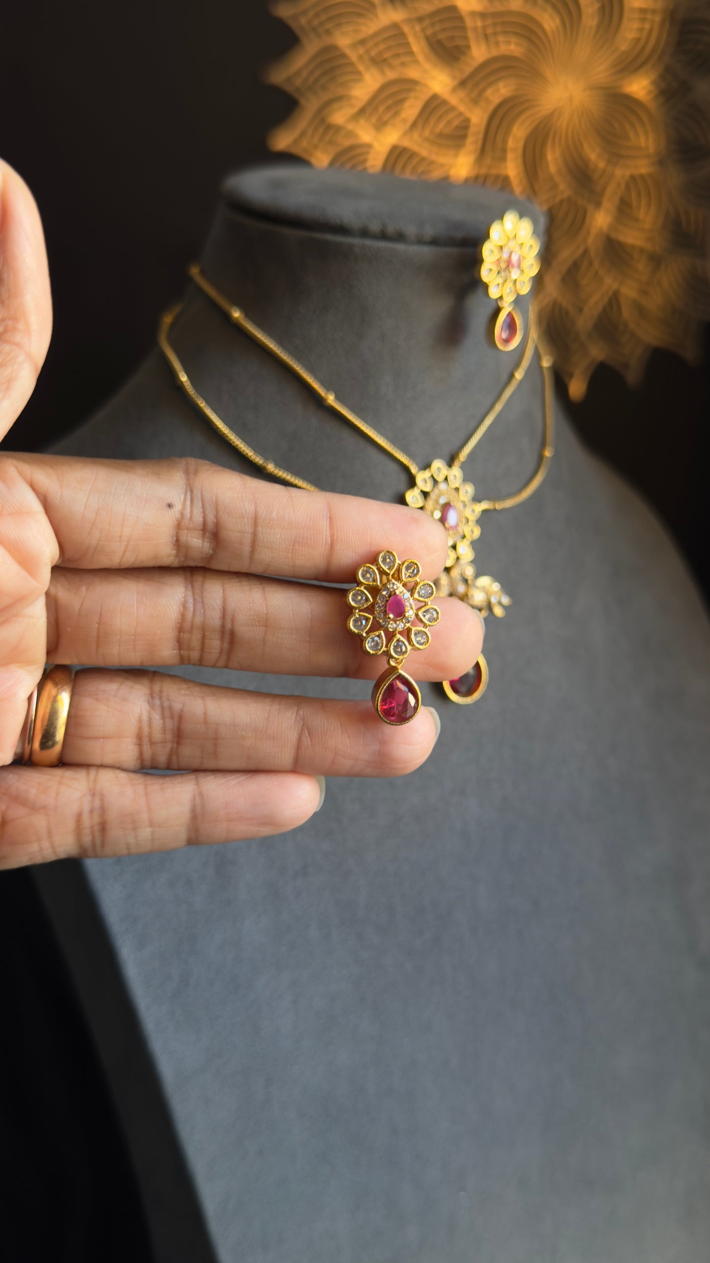 2 line Matt Gold Peacock Pendant Indian Necklace Set flower dangler- AMERICAN DIAMOND