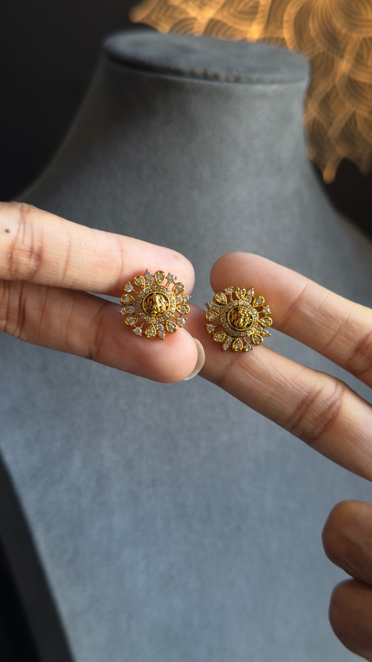Goddess Lakshmi American diamond Stud Earrings Gold South Indian Earrings TEMPLE