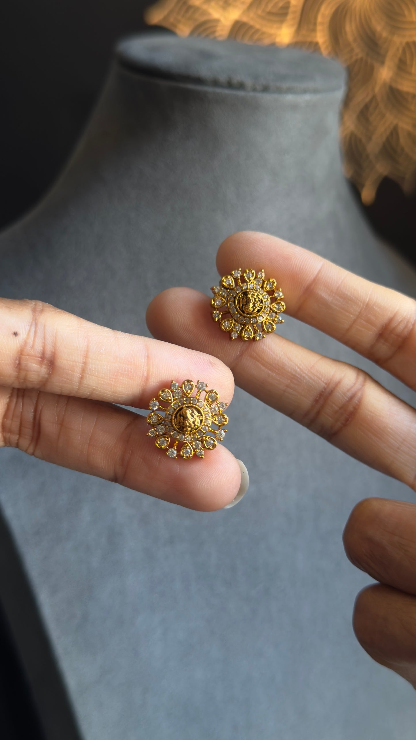 Goddess Lakshmi American diamond Stud Earrings Gold South Indian Earrings TEMPLE