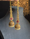 Ruby Gold plated Jhumka with Ear Chain South Indian Earrings - TRADITIONAL