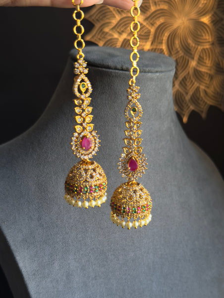 Ruby Gold plated Jhumka with Ear Chain South Indian Earrings - TRADITIONAL