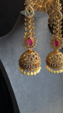 Ruby Gold plated Jhumka with Ear Chain South Indian Earrings - TRADITIONAL