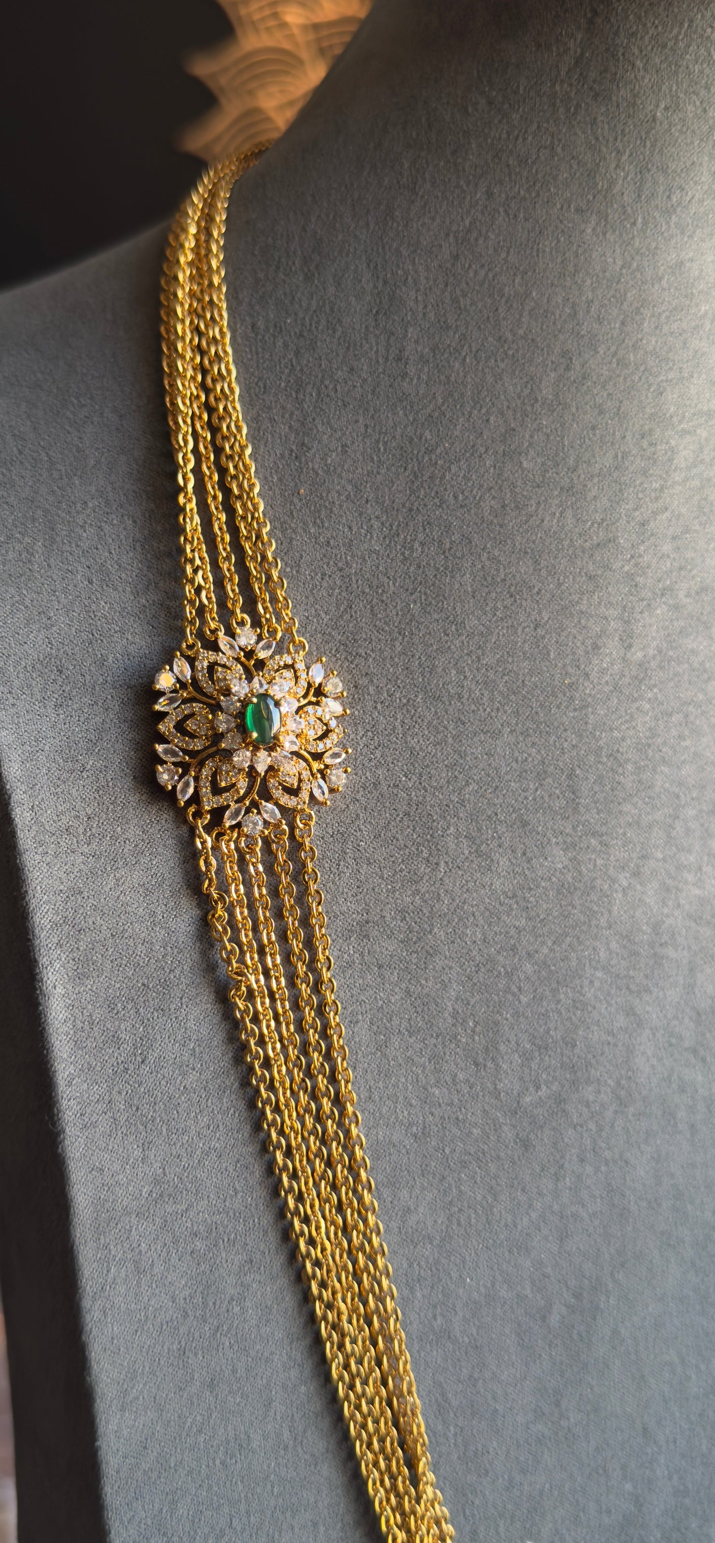 Emerald gold Plated american diamond Raani Haar Necklace Set - LONG NECKLACE