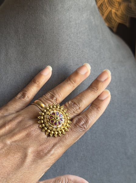 Mandala Kundan Stud Ring Antique AD Gold Kemp South Indian Finger ring- TRADITIONAL