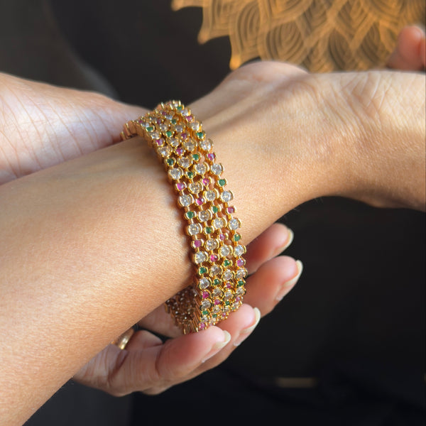 Set of 4 Multicolour Dainty american diamond Antique Gold South Indian Bangle - TRADITIONAL