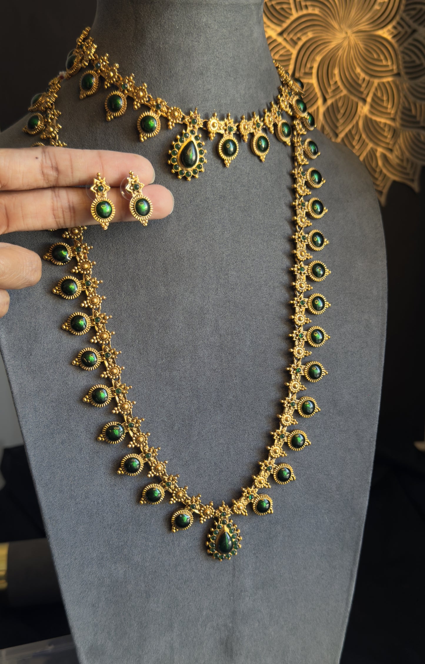 Bridal Set Long and short Palakka Kerala Manga palakka Neckpiece- Vine Gold South Indian jewelry long Necklace Set - TRADITIONAL- Vine Gold South Indian jewelry long Necklace Set - TRADITIONAL (Copy)