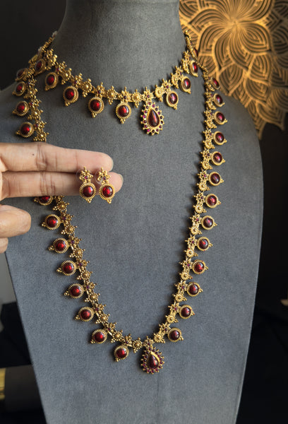 Bridal Set Long and short Palakka Kerala Manga palakka Neckpiece- Vine Gold South Indian jewelry long Necklace Set - TRADITIONAL- Vine Gold South Indian jewelry long Necklace Set - TRADITIONAL