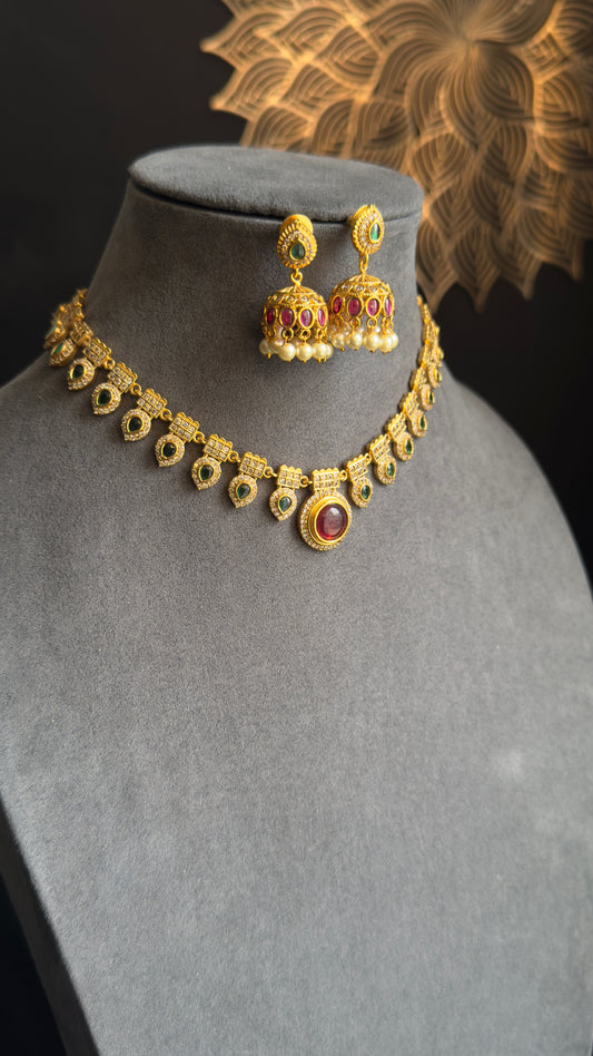 Real kemp Kerala palakka pendant Gold South Indian jewelry Necklace Set - TRADITIONAL