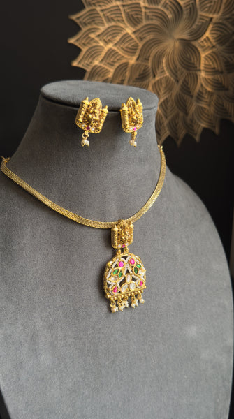 Jadau Pendant Goddess Lakshmi microgold Gold Traditional South Indian Necklace set - TEMPLE