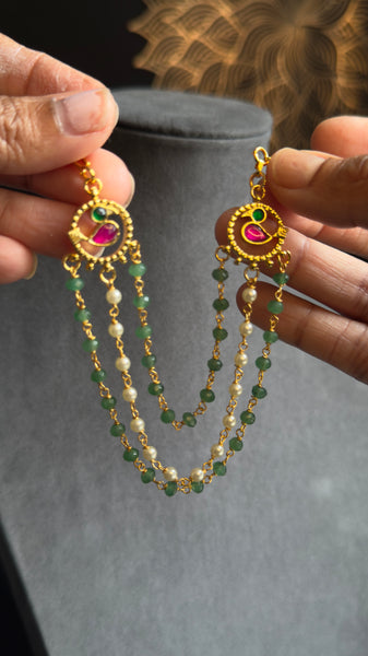 Jadau Unique bird Pearl Layer EarChain Kaan | South Indian Gold Maatal Ear Support - TRADITIONAL