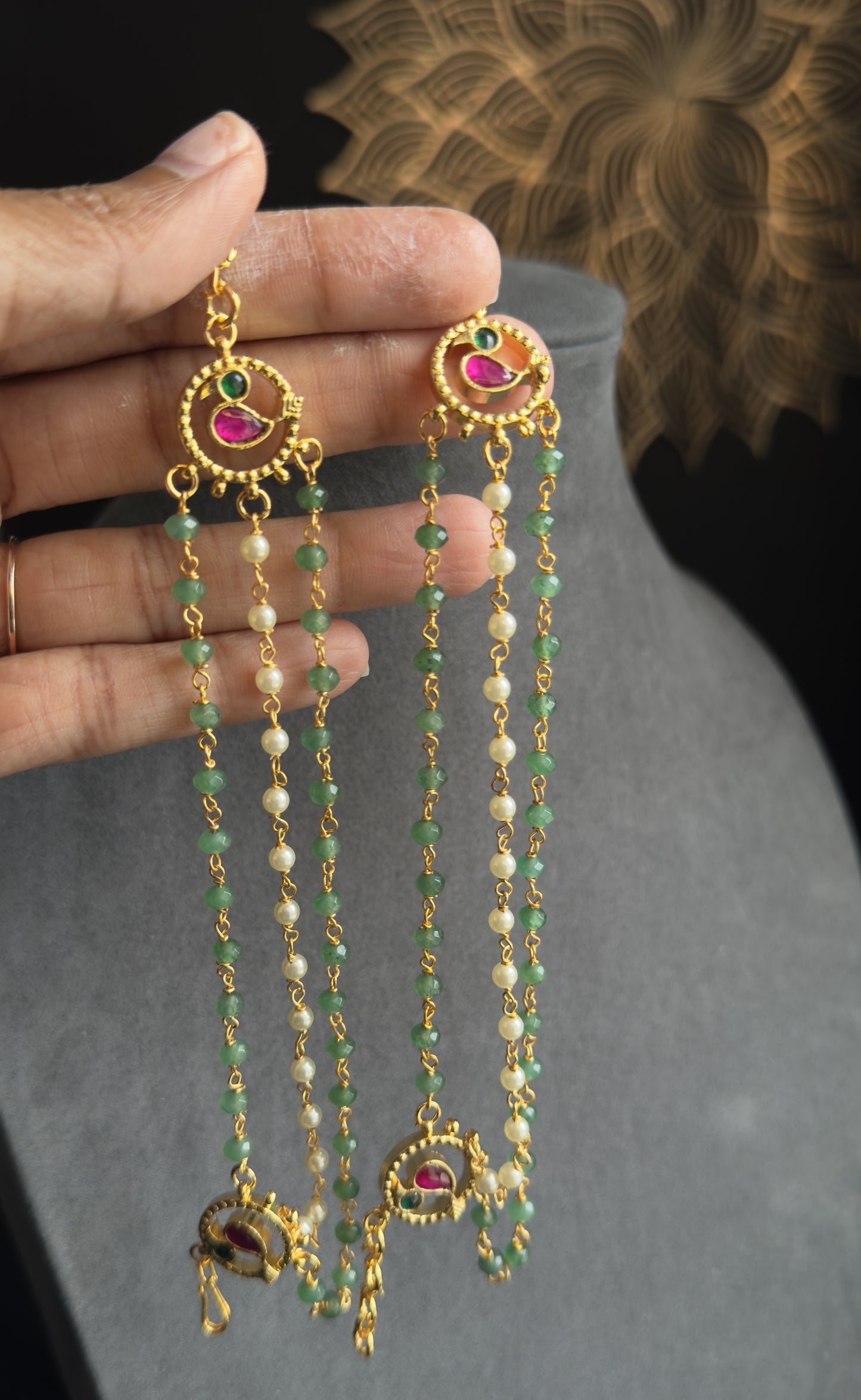 Jadau Unique bird Pearl Layer EarChain Kaan | South Indian Gold Maatal Ear Support - TRADITIONAL