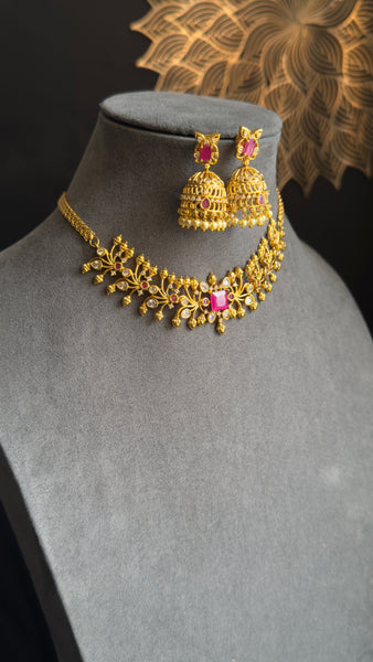 Belt syle Gold South Indian Gold Choker Set with Jhumka earrings- TRADITIONAL