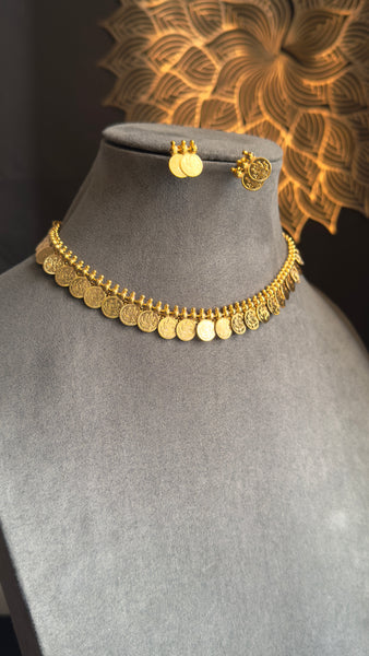South Indian Choker Necklace Set | Gold Plated Bridal Jewelry with Earrings |Traditional Lakshmi Coin Kasumala Temple Necklace Set- TEMPLE