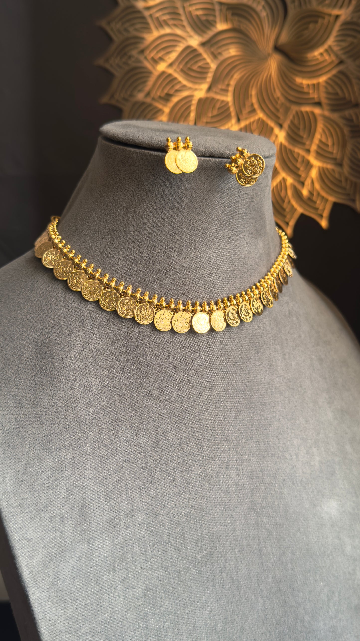 South Indian Choker Necklace Set | Gold Plated Bridal Jewelry with Earrings |Traditional Lakshmi Coin Kasumala Temple Necklace Set- TEMPLE