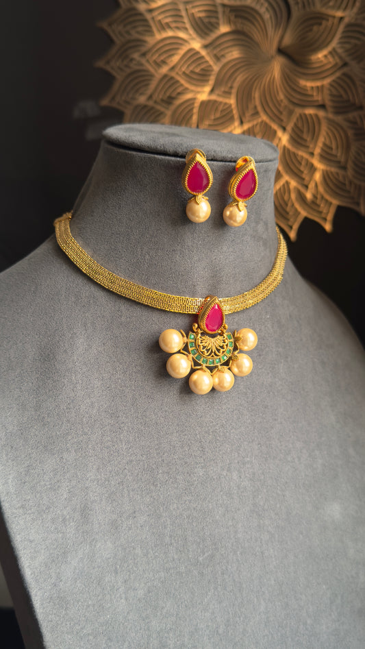 Diya Half-Flower Pendant Necklace Set , Vibrant Colors- FUSION