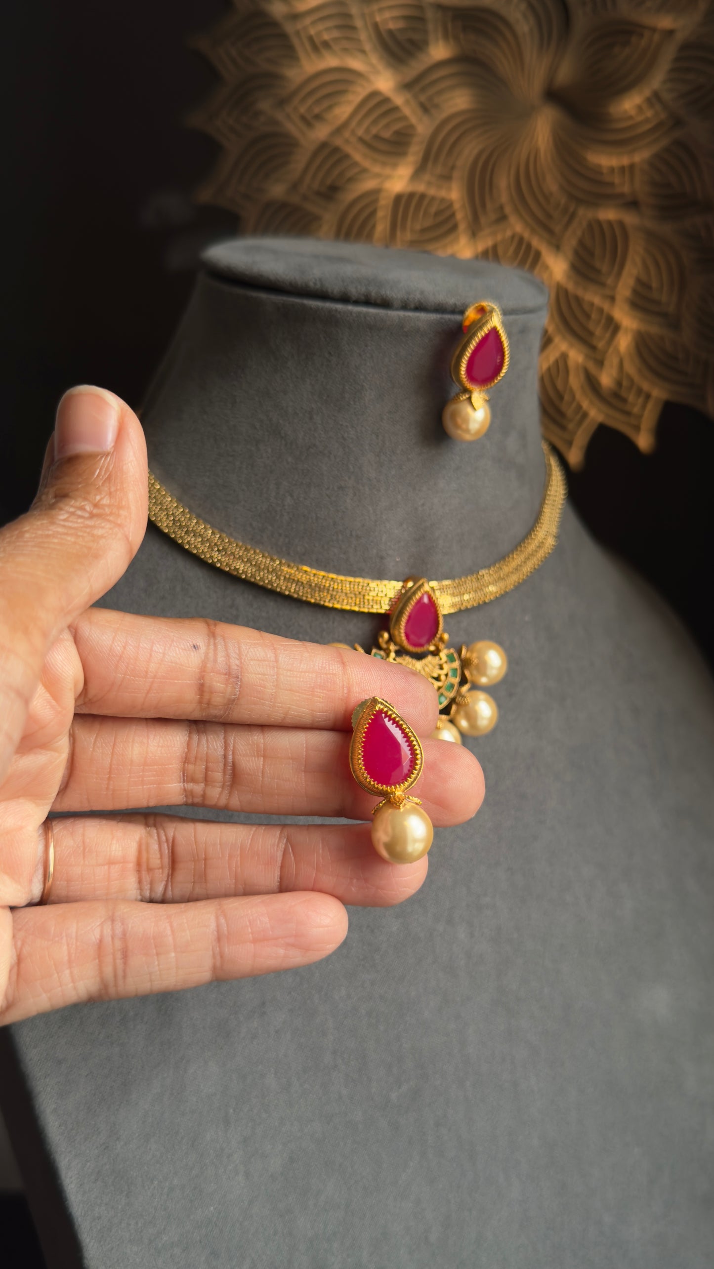 Diya Half-Flower Pendant Necklace Set , Vibrant Colors- FUSION