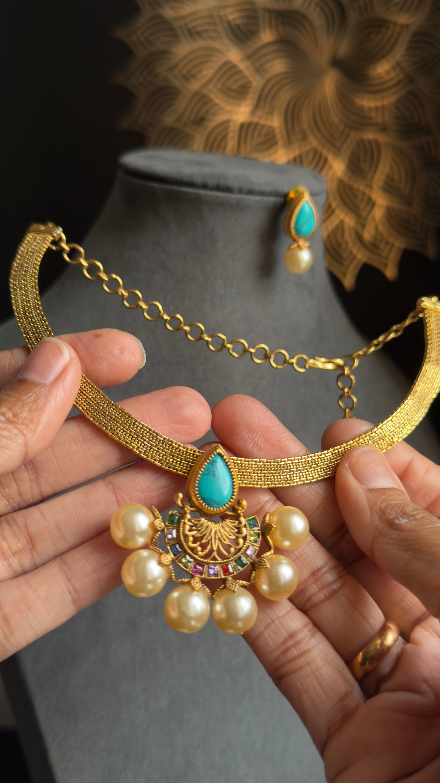 Diya Half-Flower Pendant Necklace Set , Vibrant Colors- FUSION